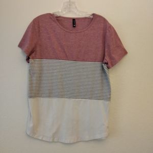 PrinStory Womans Top Size M Pink White Gray Striped Short Sleeve Round Neck